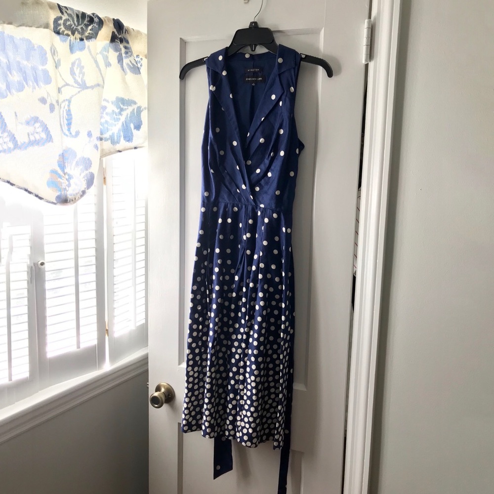 Jones NY Polka Dot Navy Sleeveless Wrap Dress